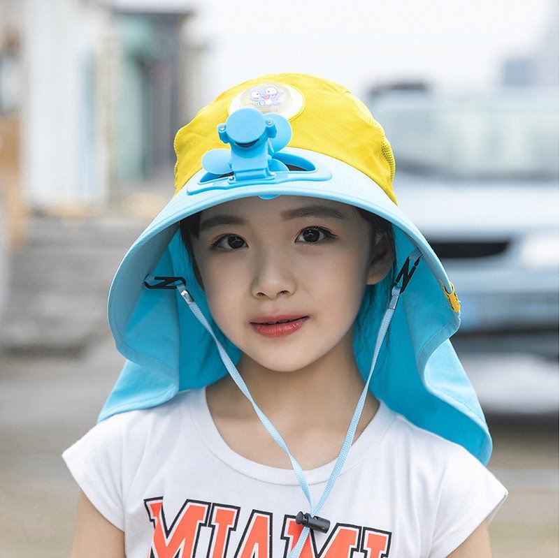 盆帽风扇儿童帽子 的夏天出游防晒渔夫帽大檐遮阳户外宝宝带帽子