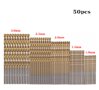 50pcs麻花钻套装直柄麻花钻1-3mm镀钛麻花钻高速钢开孔钻小钻套装